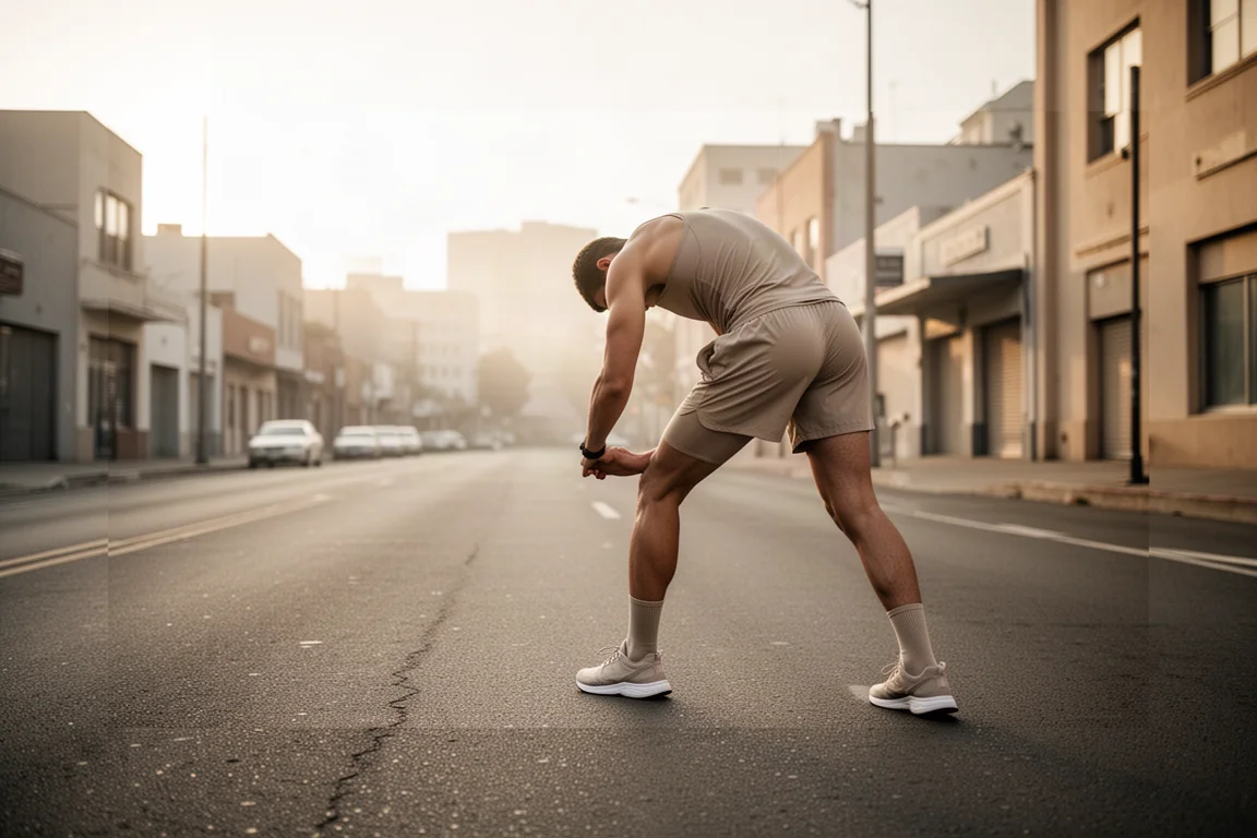Runner warming up on quiet city streets in early morning light