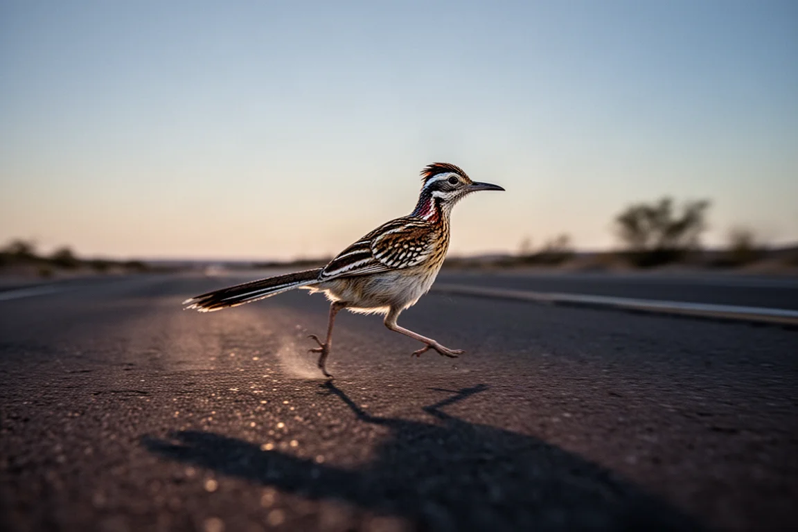 Road runner striding along an open road at dusk
