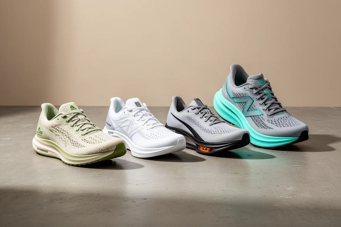 Four running shoes lined up on a matte concrete surface in soft studio light