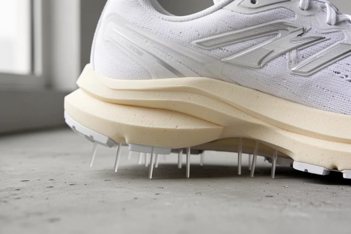 Close-up of a road running shoe midsole showing layered foam and plastic support rods