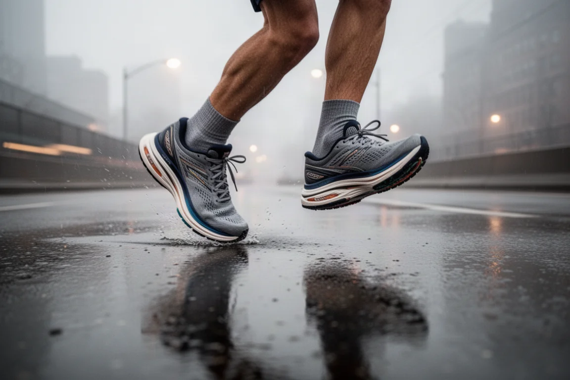 Runner's feet mid-stride on wet city pavement at dawn
