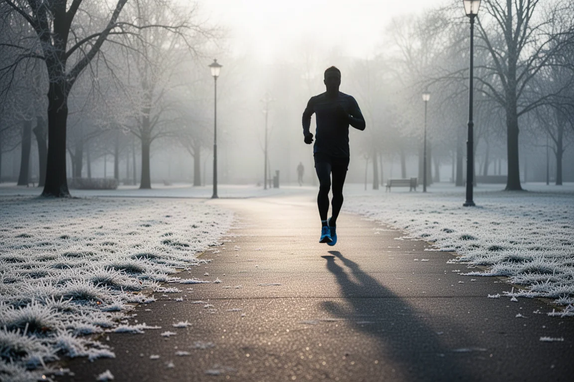 Winter running scene with frost on a paved path and a runner in the distance
