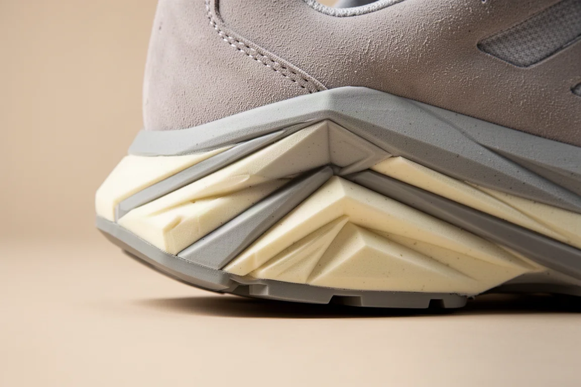 Angular racing shoe midsole detail showing exposed premium foam layers
