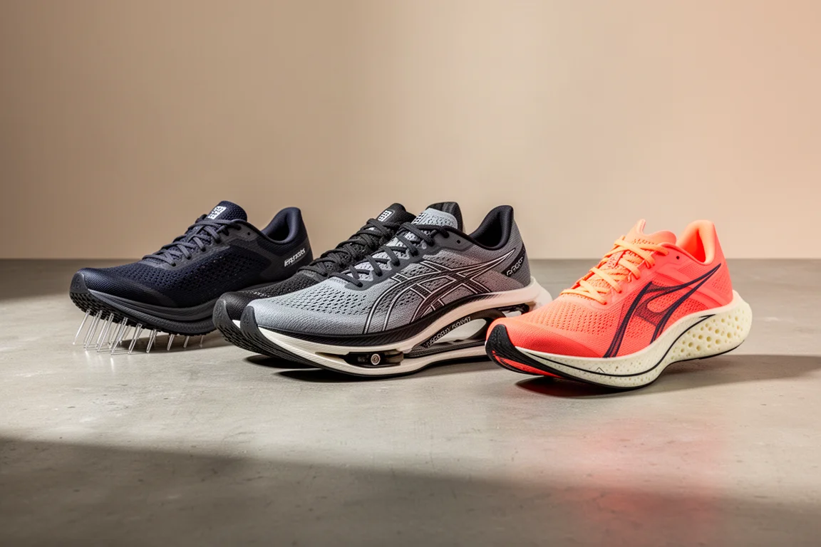Four road running shoes arranged on a matte concrete studio surface