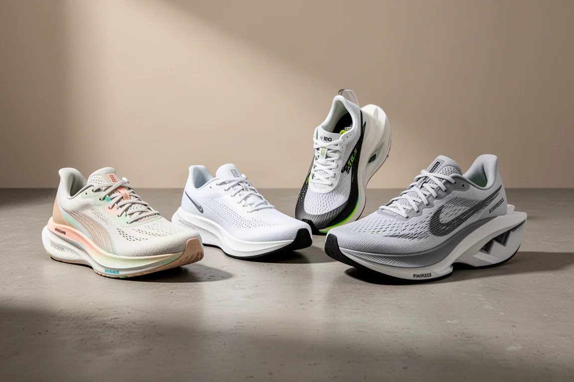 Quattro scarpe da running moderne allineate su una superficie in cemento