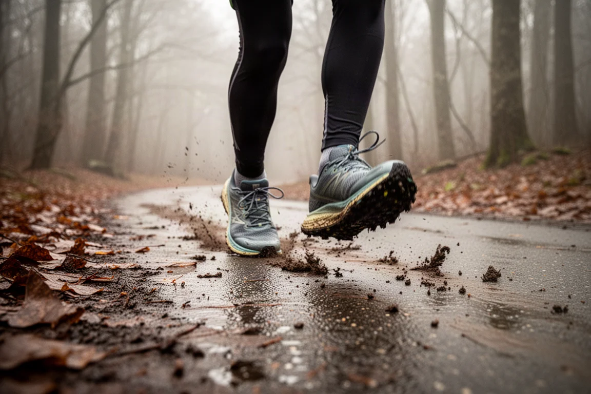 Runner's feet on a damp forest trail in soft winter light