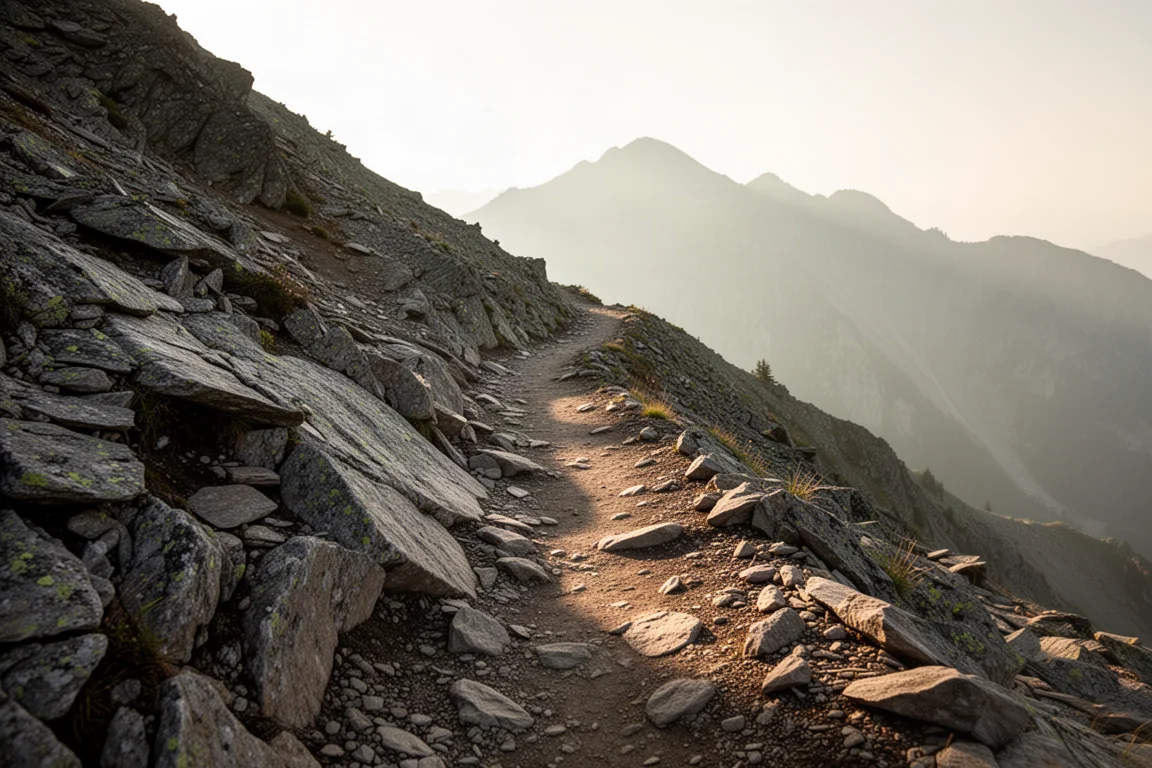 Rocky mountain trail with loose stones under morning light