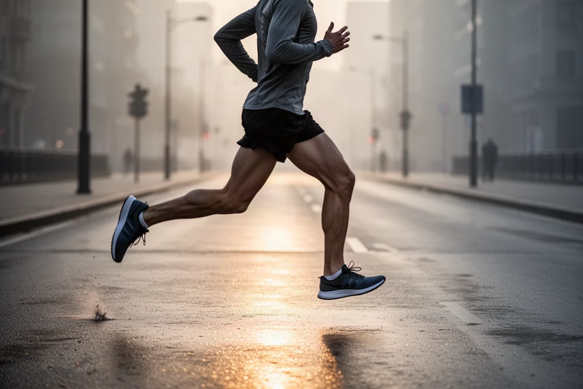 Runner training on quiet city road at dawn