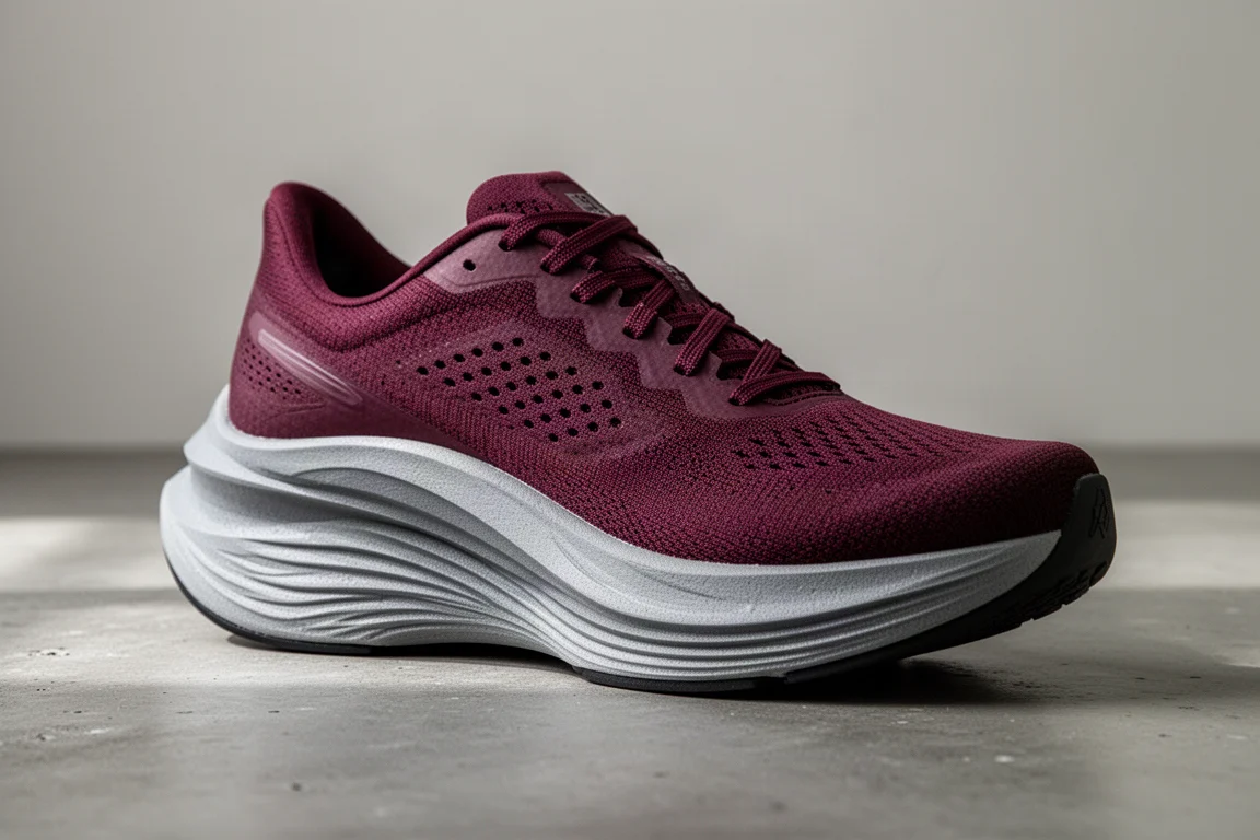 Close-up of a tall-stacked carbon-plated road racing shoe on a studio surface