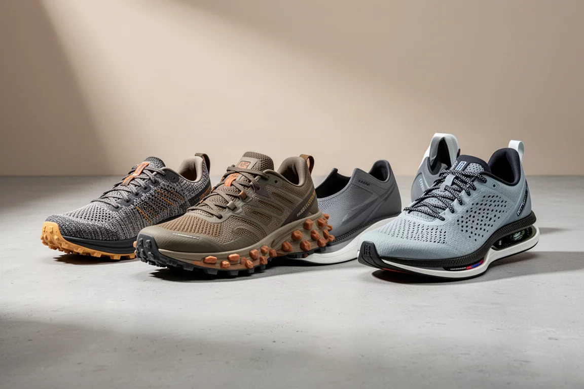 Four running shoes, two trail and two road models, arranged on a grey concrete surface