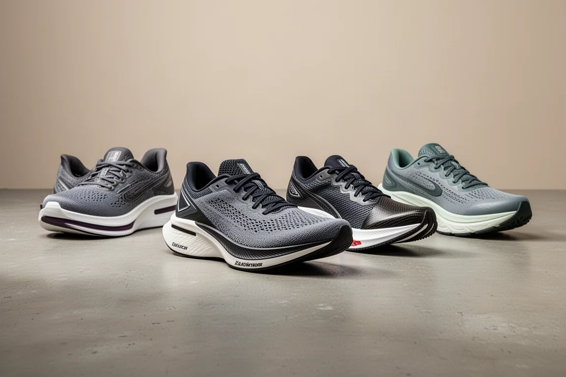 Four running shoes in a row on a concrete surface