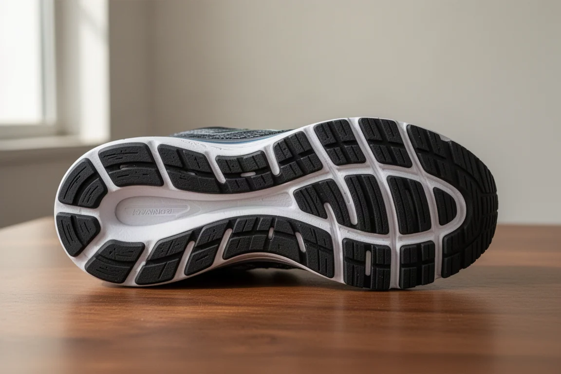 Rainures profondes taillées dans la semelle extérieure d'une chaussure de running, mettant en évidence les points de flexion