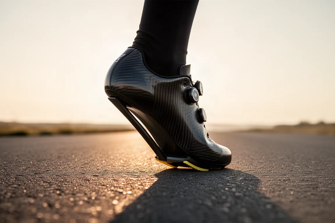 Pied de coureur dans une chaussure de course à empilement élevé avec un talon biseauté, sur le bitume