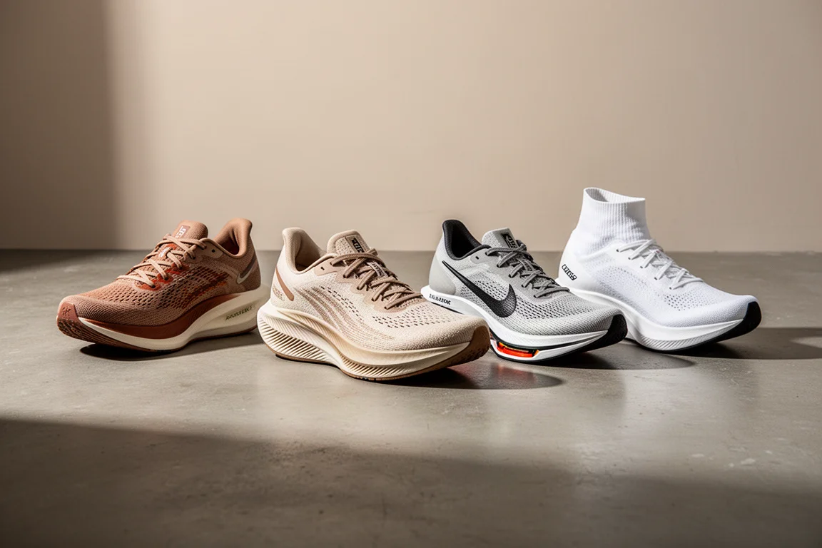 Quattro nuove scarpe da running su strada allineate su un pavimento di cemento