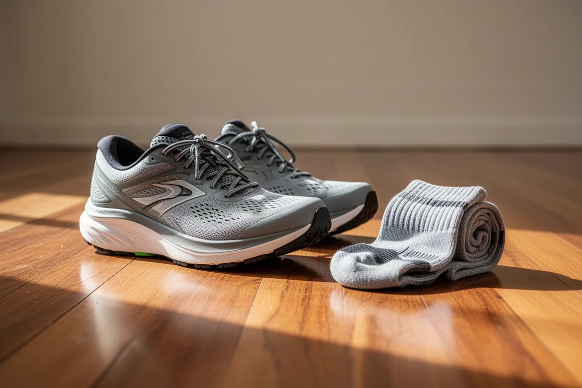 Runner lacing up a cushioned road running shoe on a wooden floor