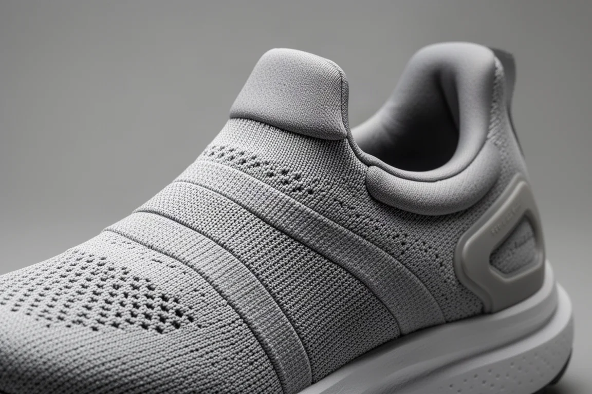Close-up of a segmented knit running shoe upper showing stretch panels and padded collar