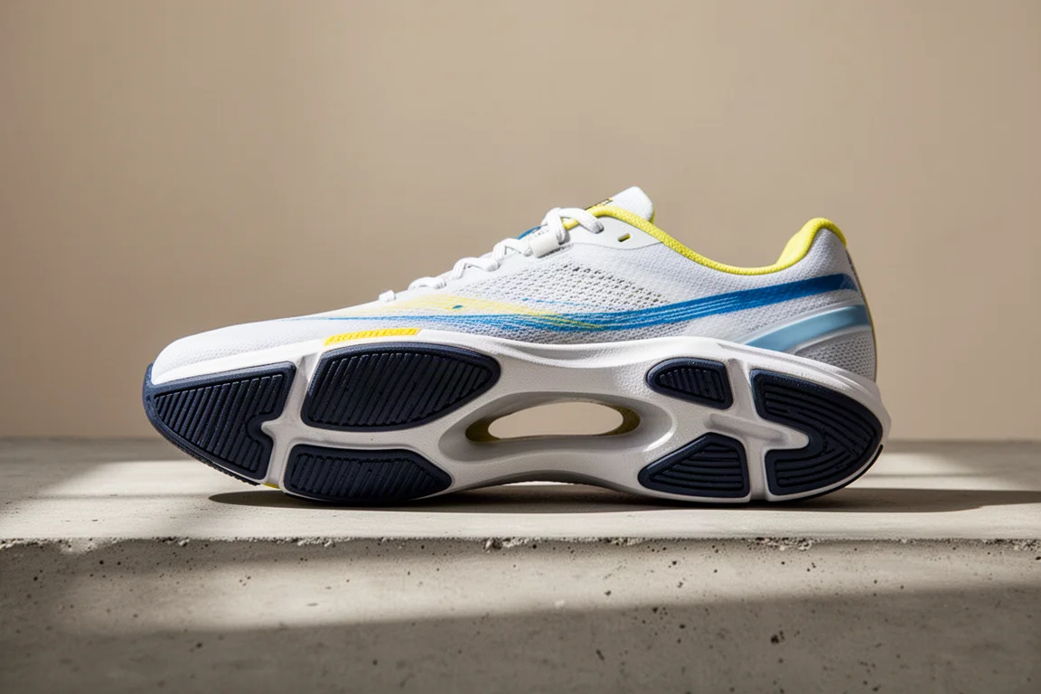 Racing flat midsole detail showing midfoot cutout and rubber protection sections