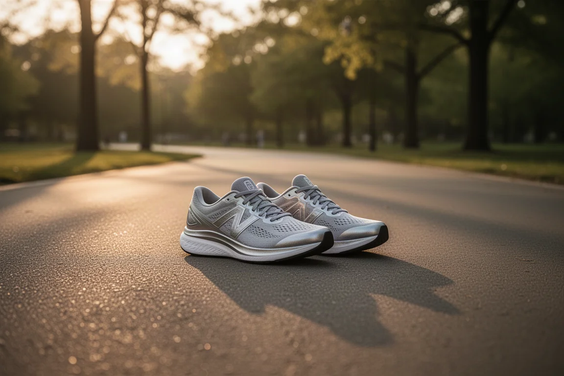 Pair of plated running shoes beside a park path at golden hour
