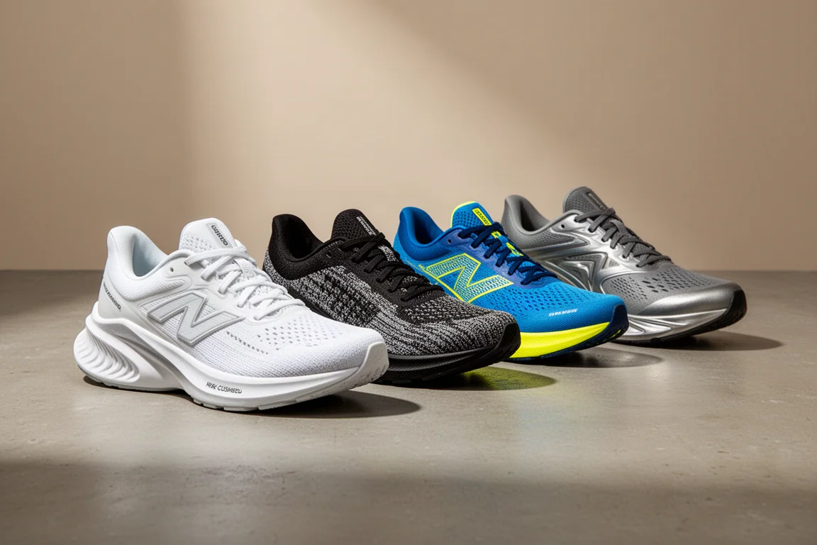 Four road running shoes arranged in a row on a concrete surface