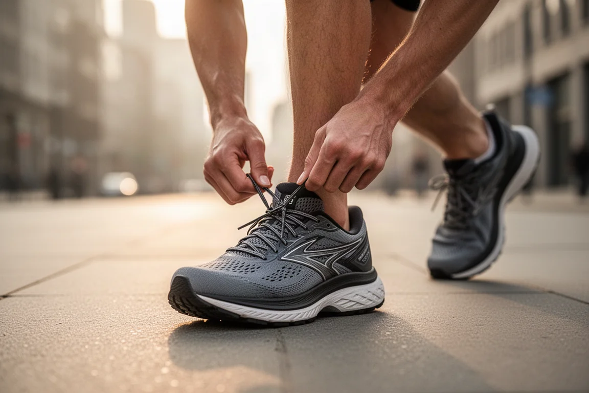 Coureur lace une chaussure de route à amorti maximal sur un trottoir urbain à l'aube