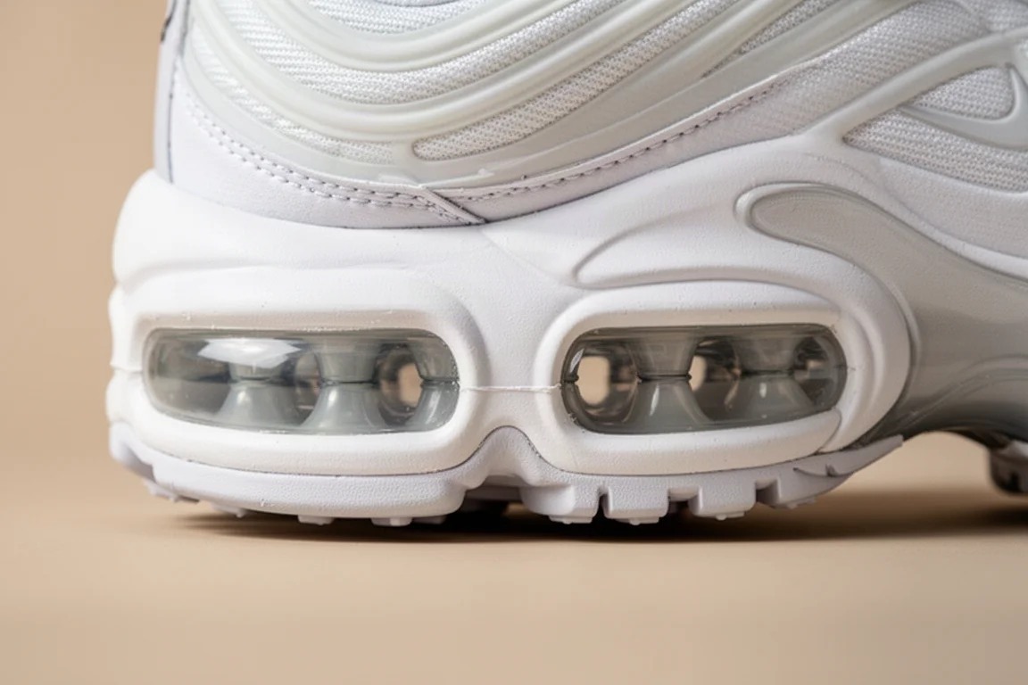 Gros plan sur la semelle intermédiaire d'une chaussure de running montrant de grandes unités d'air visibles