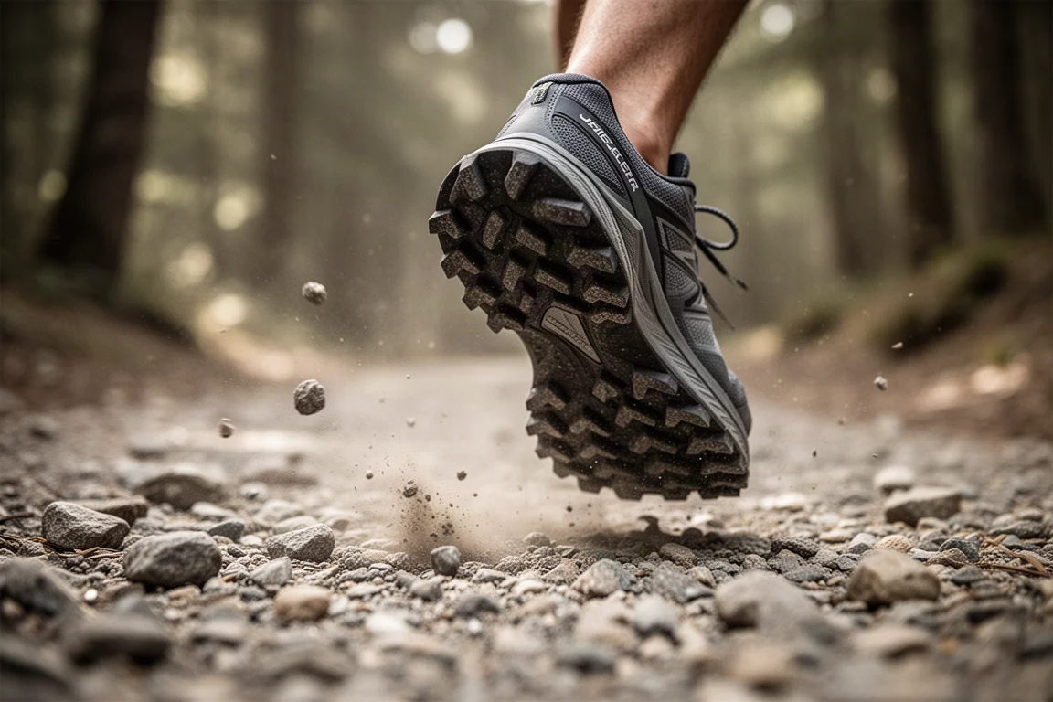 Chaussure de trail à crampons profonds se posant sur un chemin de gravier rocailleux