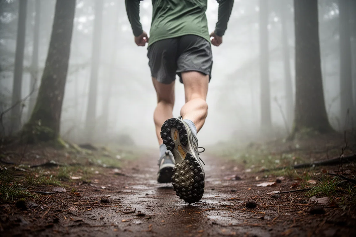Coureur sur un sentier forestier humide portant une chaussure robuste toutes conditions