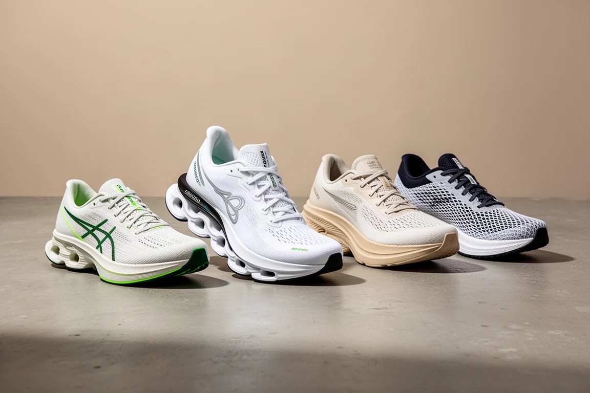 Four different running shoes lined up on a concrete surface
