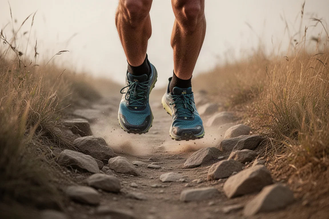Runner's feet on a rocky trail with dust and loose stones