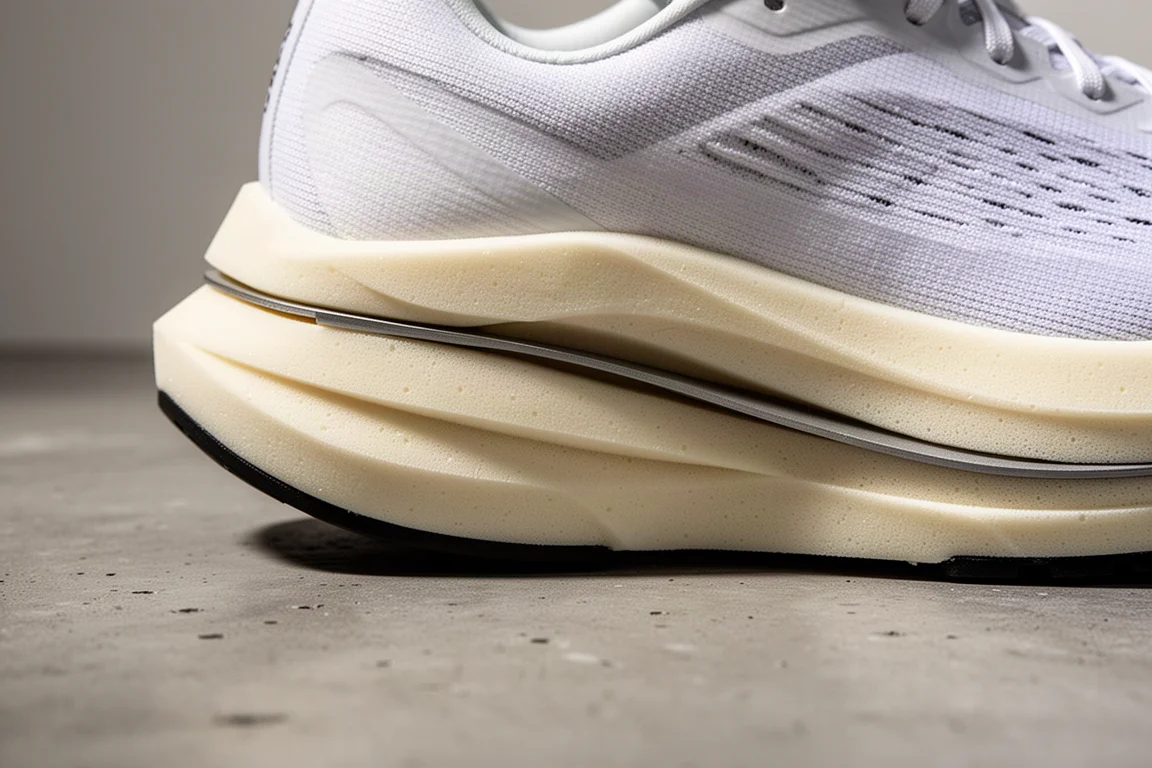 Close-up of a road racing shoe midsole showing thick foam stack