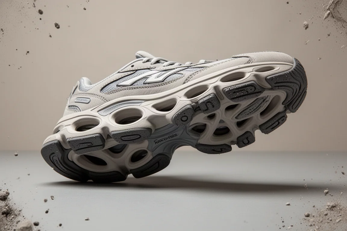 Large hollow openings in a chunky shoe midsole seen from below