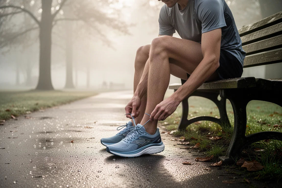 Runner stretching on a park path next to a cushioned trainer