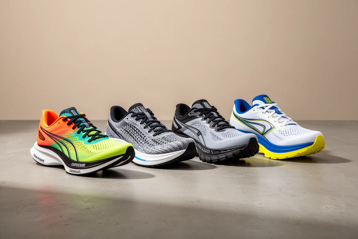Quattro scarpe da running di stili diversi disposte su una superficie di cemento