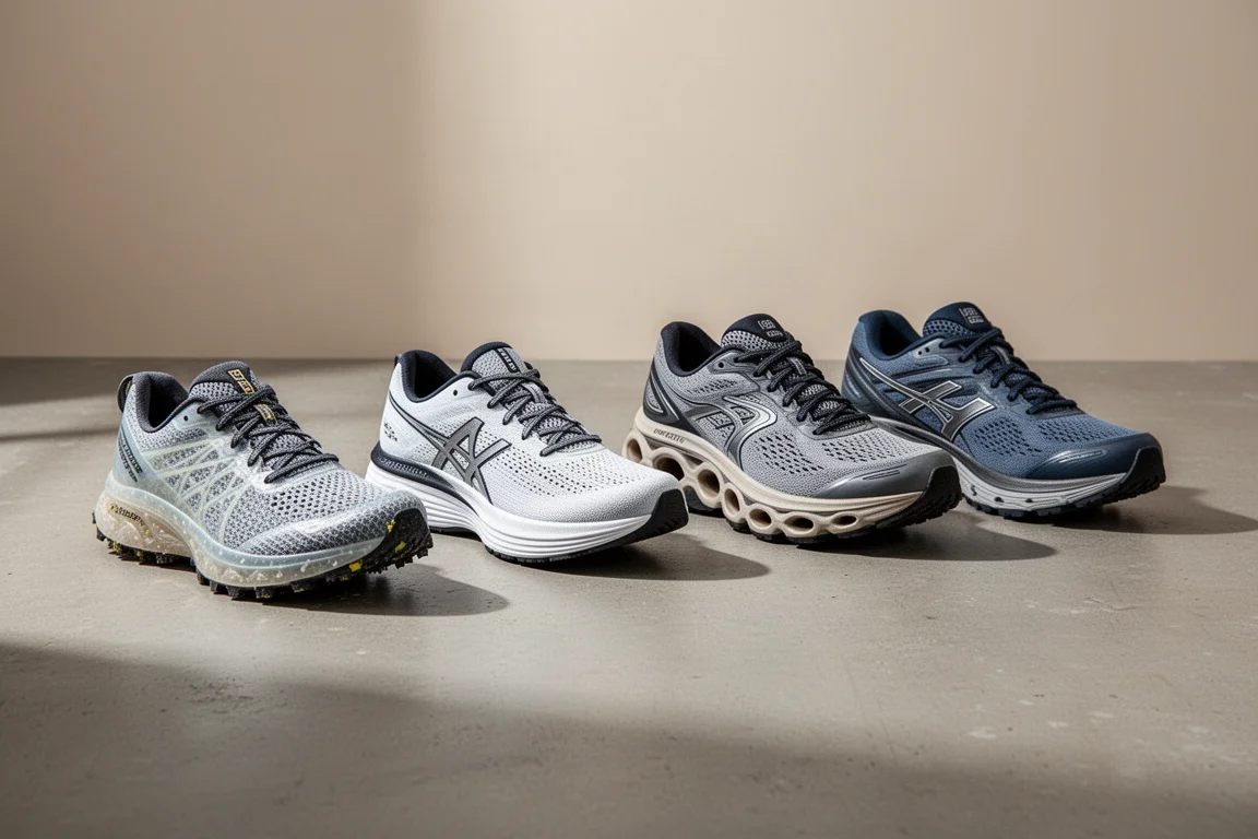 Four running shoes of different styles arranged on a concrete surface