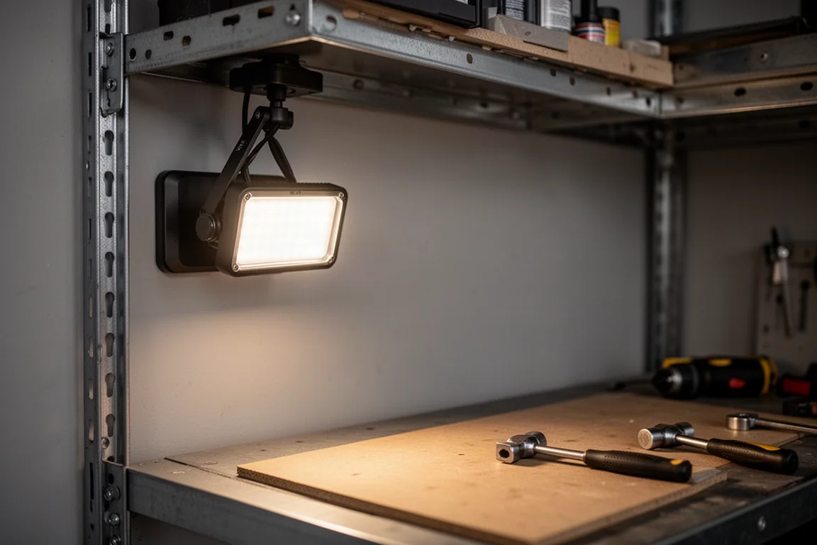 Compacte LED-werklamp met draaiende kop, geklemd op een garagereglage in zacht licht