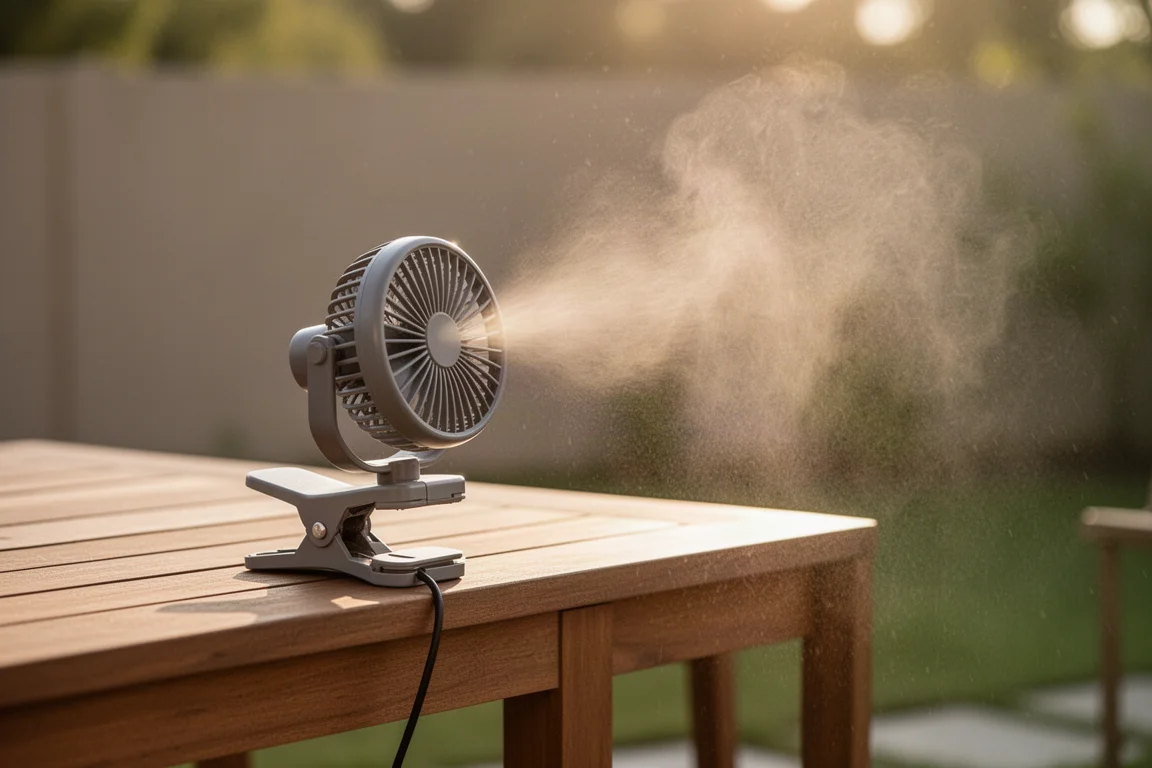 Kleine klemventilator aan een tafelrand die op een warme dag een fijne nevel verstuift