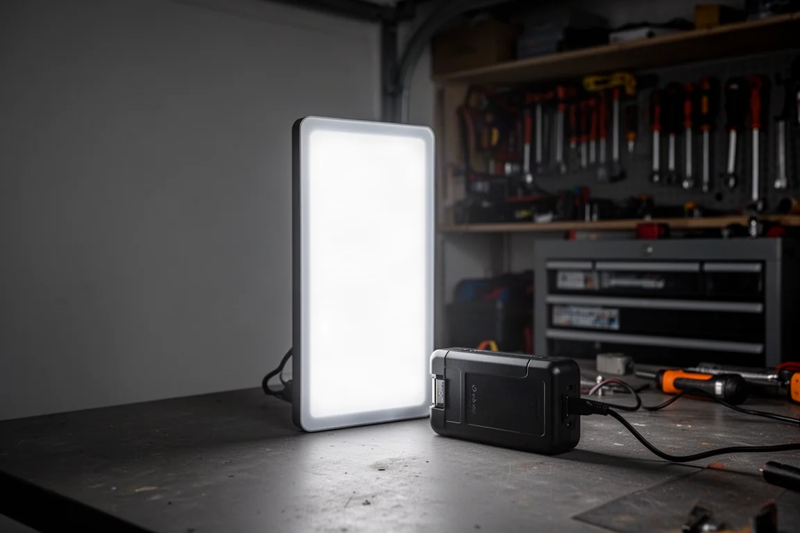 Slank LED-paneellamp op een tripodkop die een donkere werkplaats by nacht verlicht