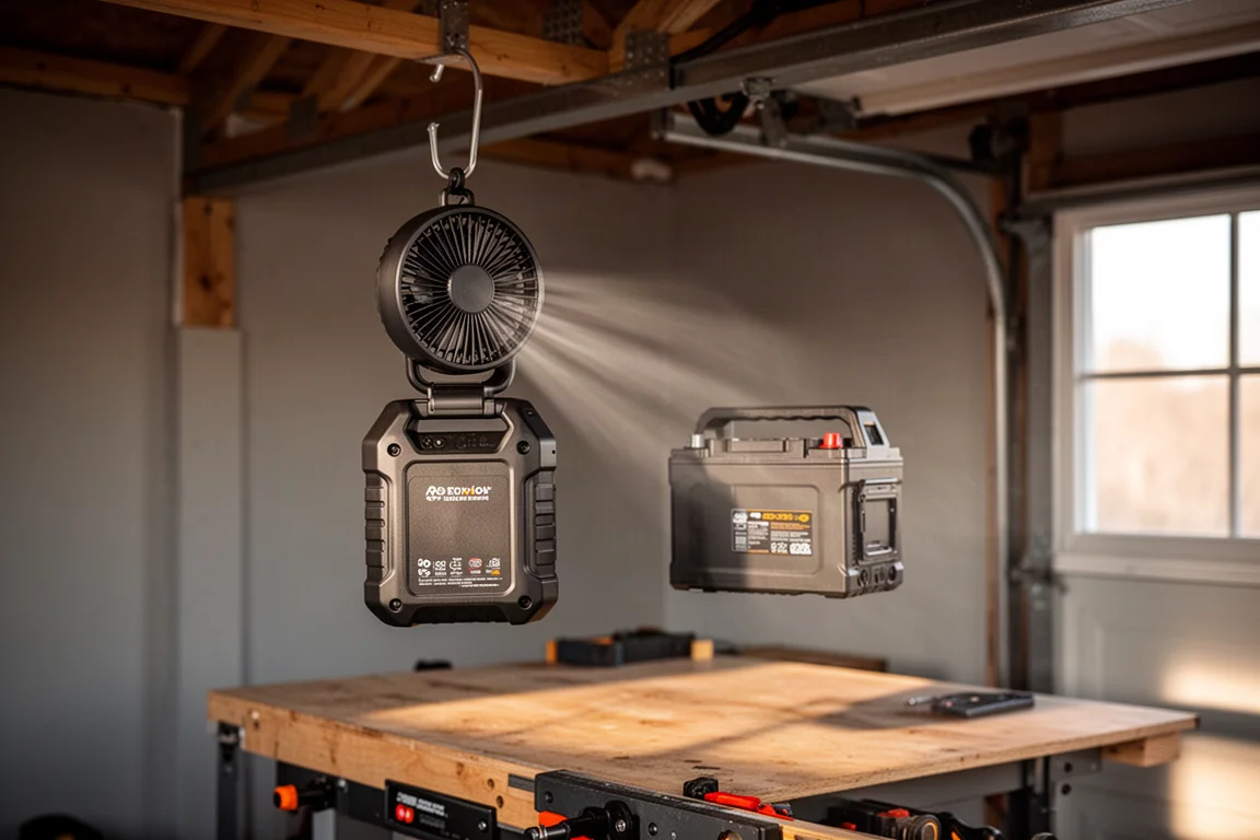 Compacte ventilator op een grote accu gemonteerd, hangend in een werkplaats