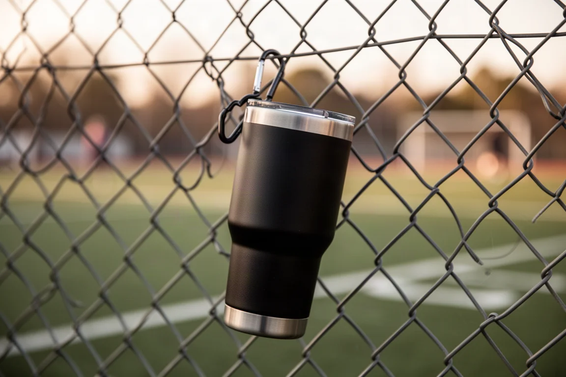 Tumbler in acciaio inox appeso a una recinzione a maglia tramite un moschettone