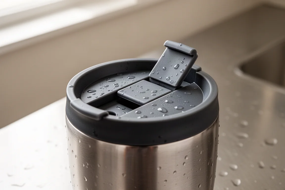 Slider del coperchio rimovibile del tumbler pulito sotto acqua corrente in un lavello