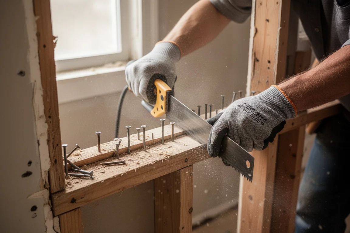 Operaio in demolizione che taglia una vecchia struttura in legno con chiodi incastonati