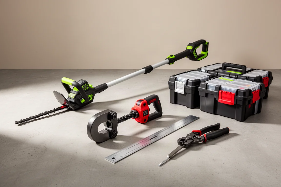 Ryobi and Milwaukee tools including a pole saw, pipe cutter, square, wire stripper, and storage bins on concrete