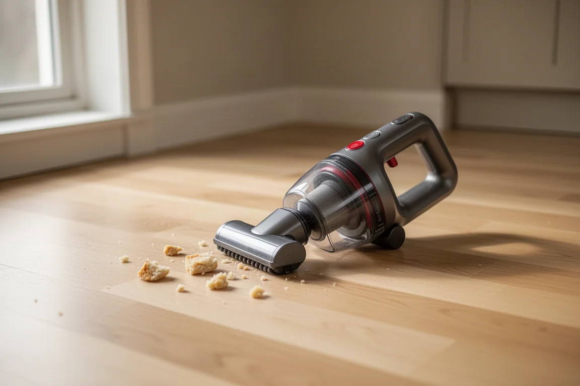 Handheld cordless vacuum standing on a clean kitchen floor beside scattered crumbs