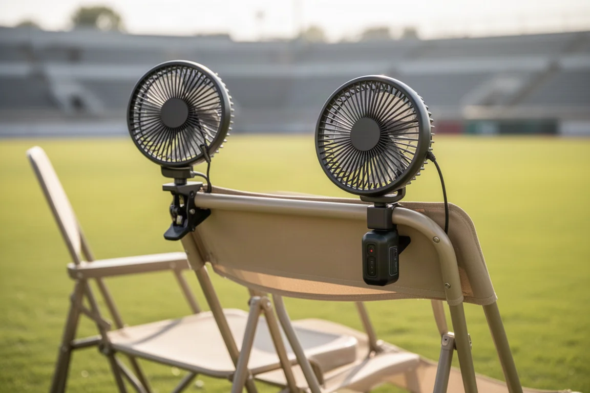 Clamp-on cordless fan clipped to a chair at a sunny outdoor sports field