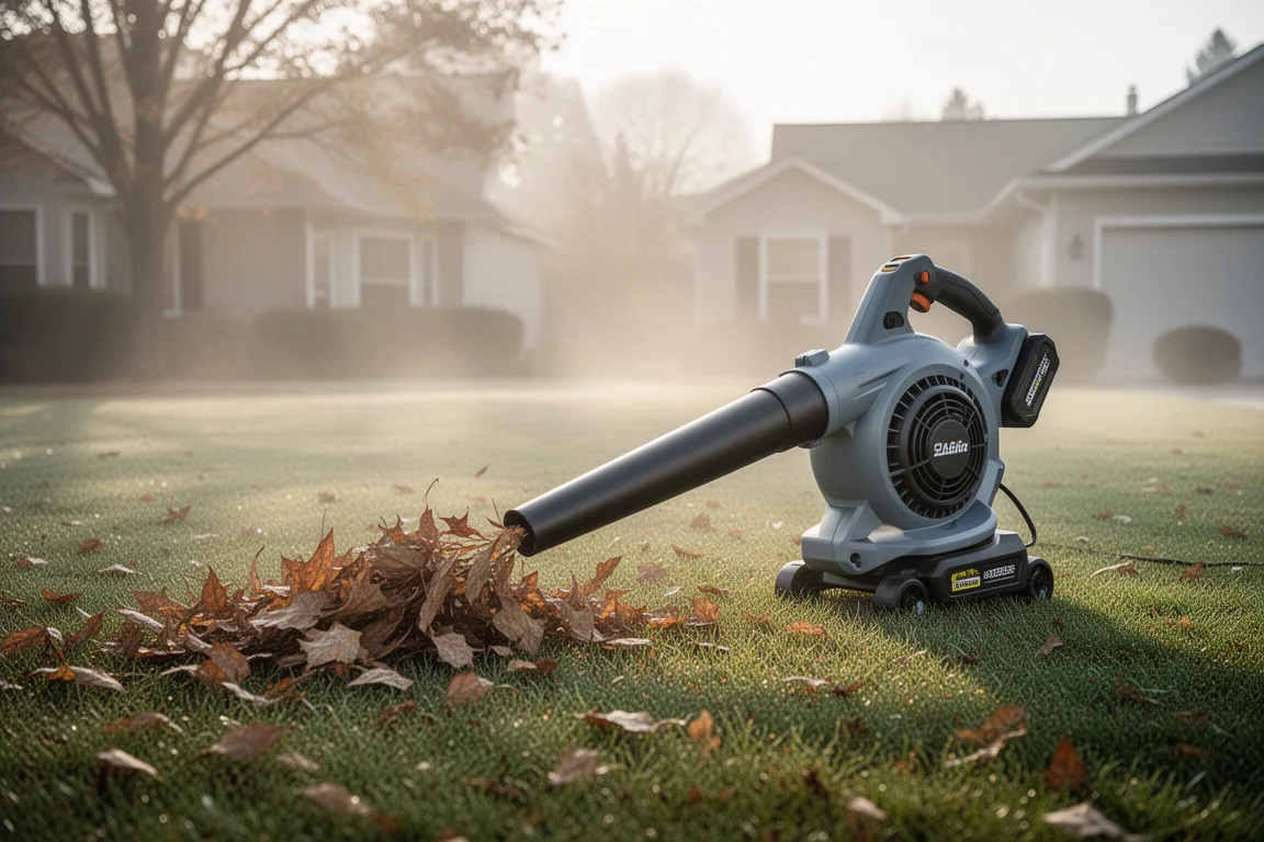 Cordless blower clearing leaves from a quiet suburban lawn in soft morning light