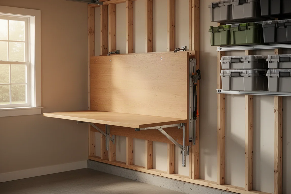 Folding workbench mounted on a workshop wall with storage boxes nearby