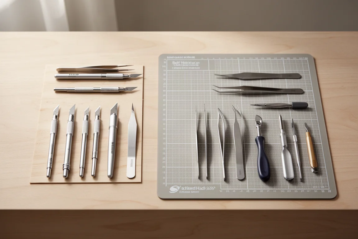 Övervytt flat lay av hobbyknivar, skärmattor och hobbymaterial på ett skrivbord