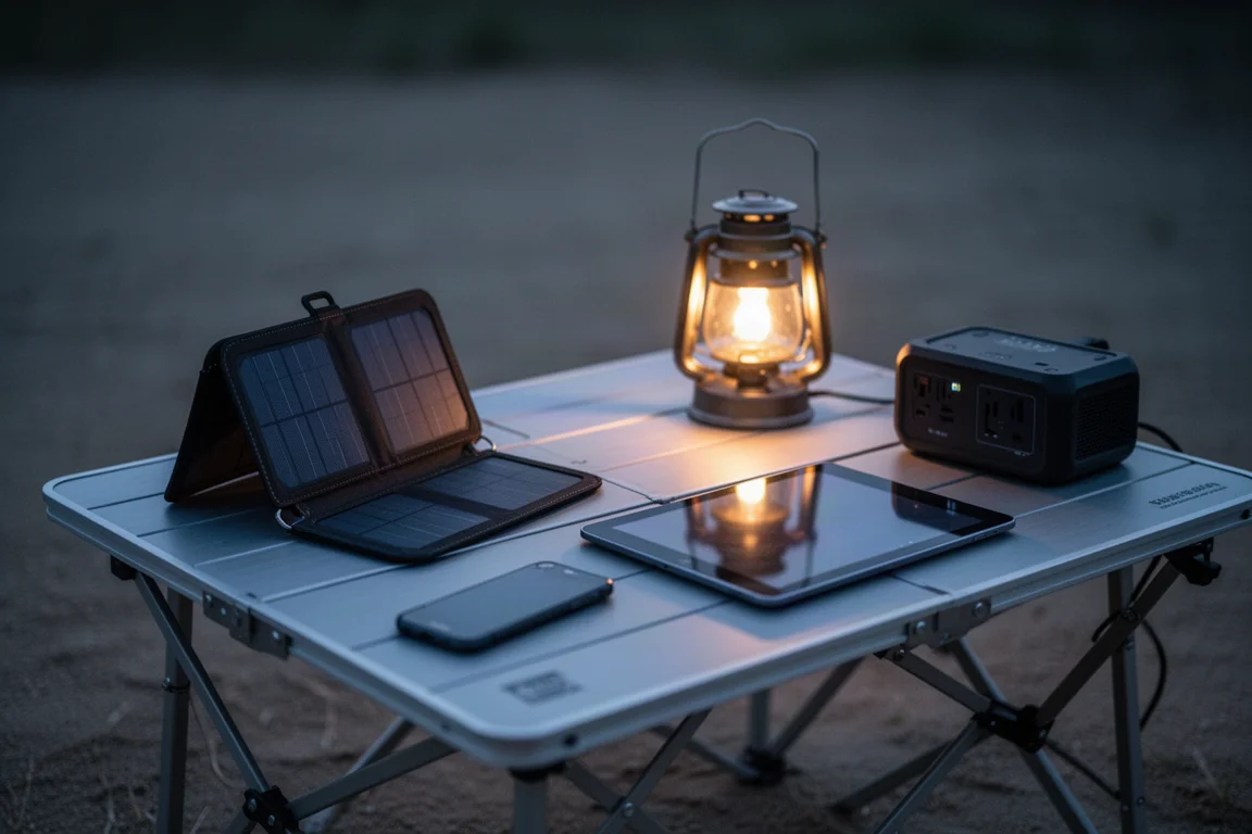 Scena di campeggio off-grid al crepuscolo con attrezzatura di ricarica portatile su un tavolo da campo