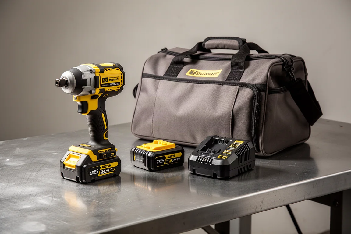 Banco da officina con kit utensili a batteria, batteria, caricabatterie e borsa da operaio