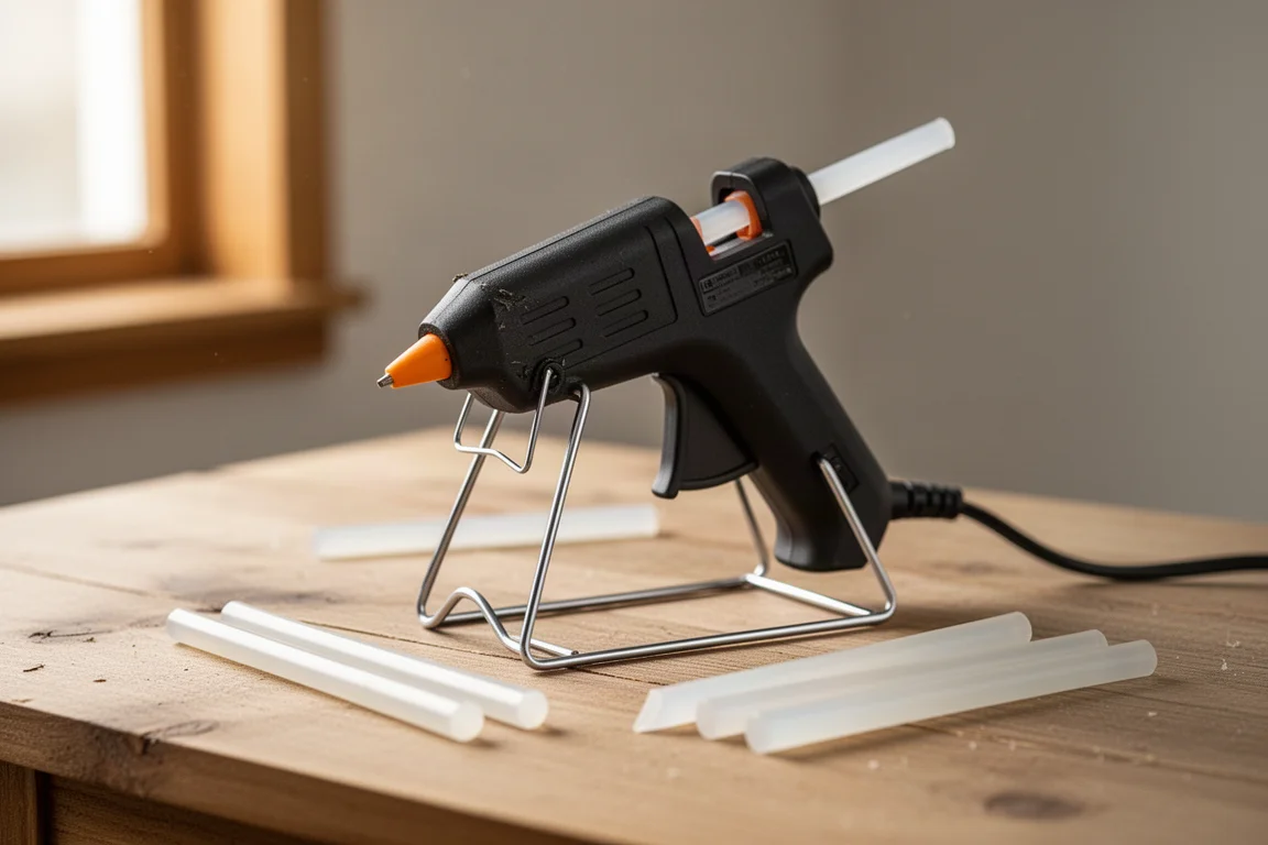 Piccola pistola per colla a batteria su supporto in metallo accanto a bastoncini di colla su un banco di lavoro
